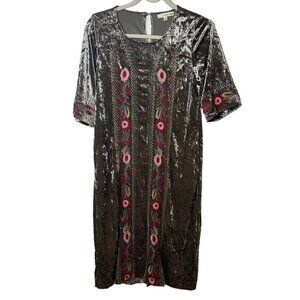 Orange Creek Womens Dress Size Small Green Crushed Velvet Embroidered Floral